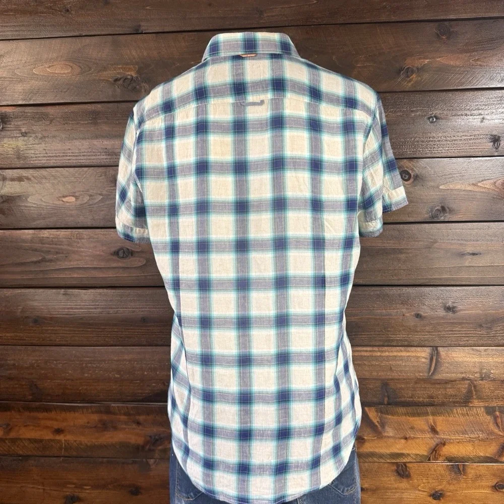 Boss Orange by Hugo Boss Mens M Shirt Blue White Plaid Print Linen Short Sleeves